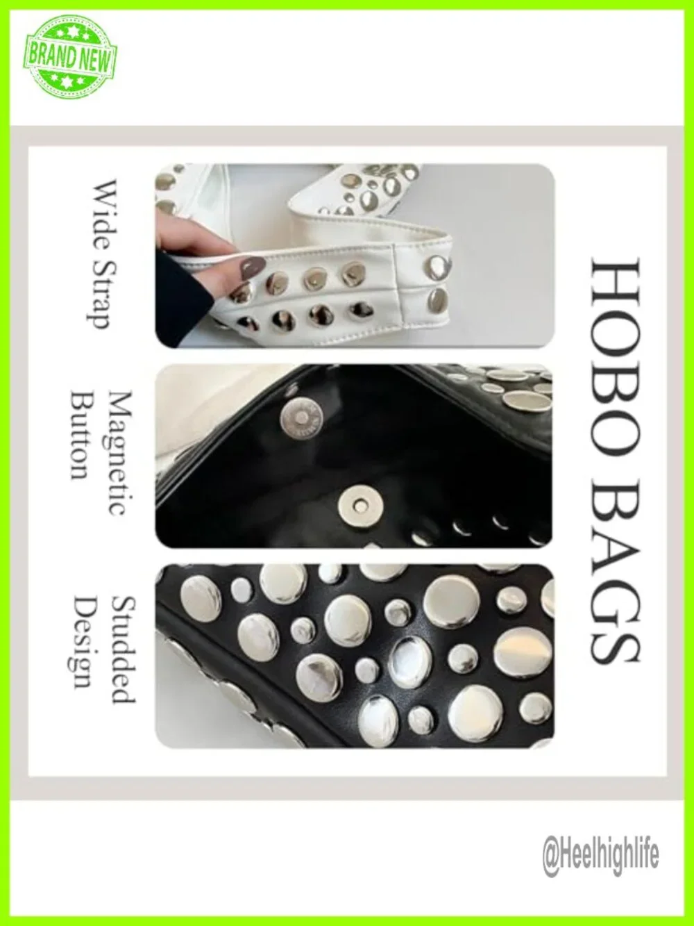 Studded Y2K PU Leather Hobo Shoulder Bag Punk Tote Handbag